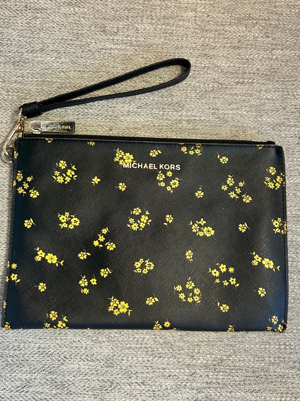 Michael Kors Jet Set Travel Black Wristlet Pouch with Yellow Floral Accents - Picture 2 of 11